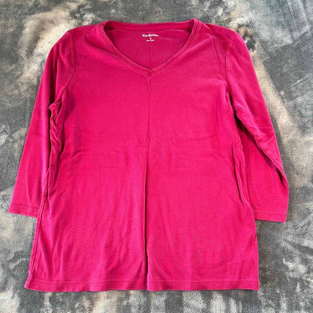 Kim Rogers Womens Medium Hot Pink Cotton 3/4 Sleeve V Neck Top